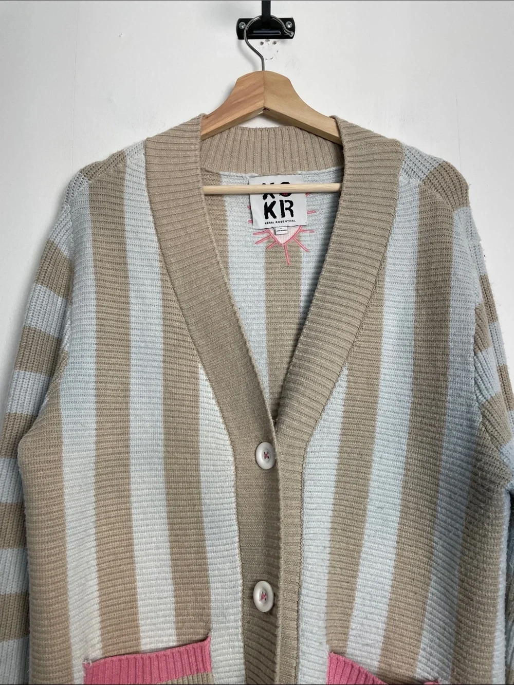 Kerri Rosenthal Striped V-Neck Button Pockets L Cardigan Pink Accents Sweater